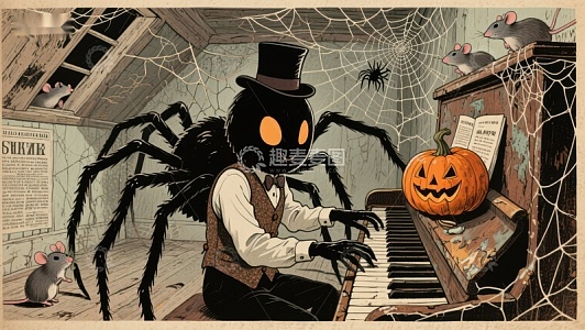 蜘蛛演奏钢琴，南瓜相伴