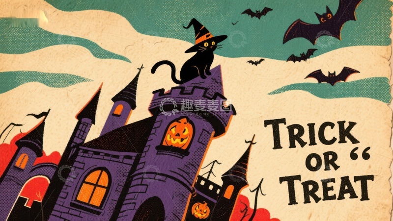 高清大图下载【趣麦麦图】万圣节城堡与黑猫