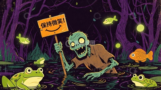 僵尸手持标语牌，夜色沼泽中微笑
