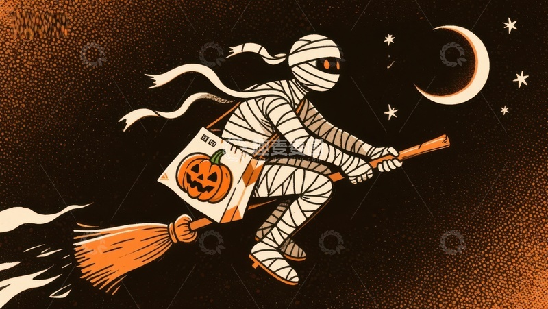 高清大图下载【趣麦麦图】木乃伊骑扫帚夜空飞行