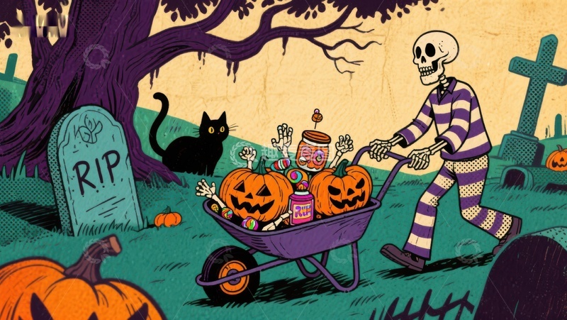 高清大图下载【趣麦麦图】万圣节骷髅推车满载南瓜糖果