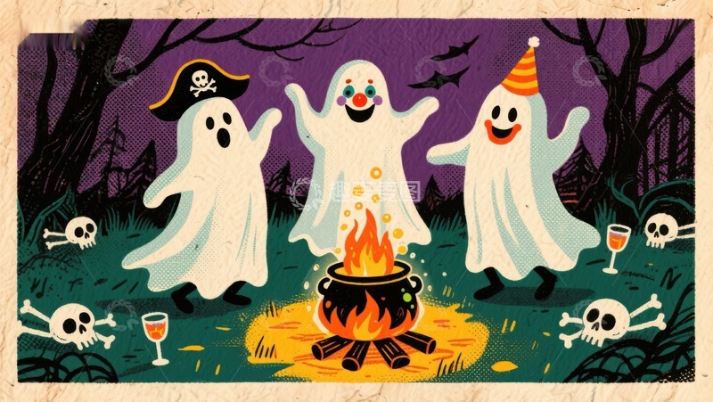 高清大图下载【趣麦麦图】万圣节幽灵围篝火欢聚