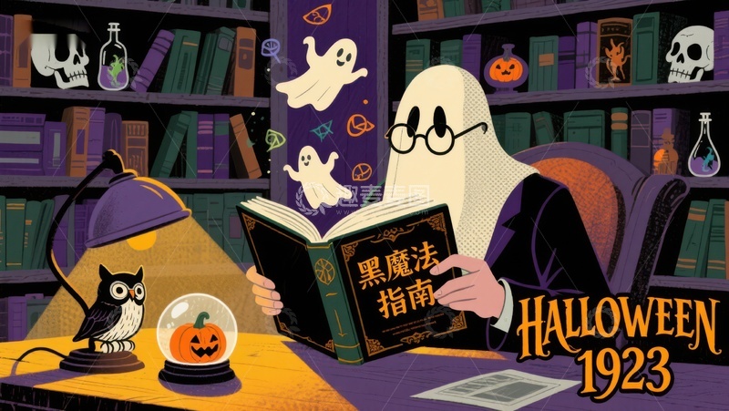 高清大图下载【趣麦麦图】幽灵阅读魔法书，复古万圣节场景
