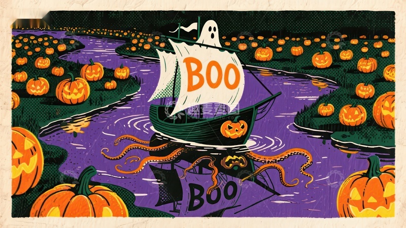 高清大图下载【趣麦麦图】万圣节南瓜灯与幽灵船
