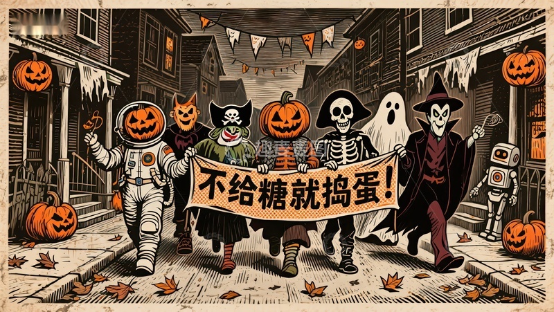 高清大图下载【趣麦麦图】万圣节游行，不给糖就捣蛋
