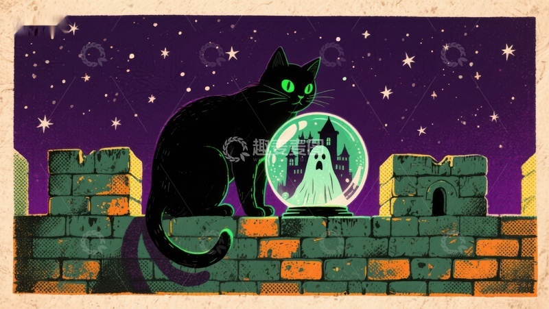 高清大图下载【趣麦麦图】夜空下的黑猫与幽灵泡泡