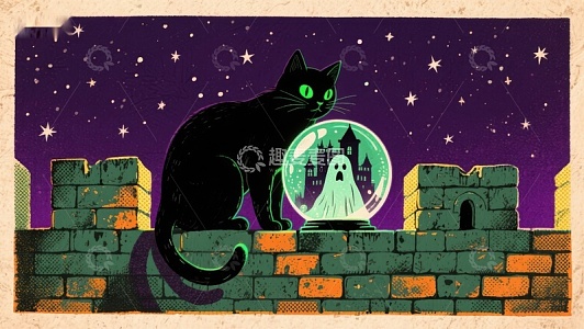 夜空下的黑猫与幽灵泡泡