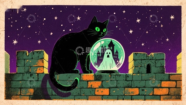夜空下的黑猫与幽灵泡泡