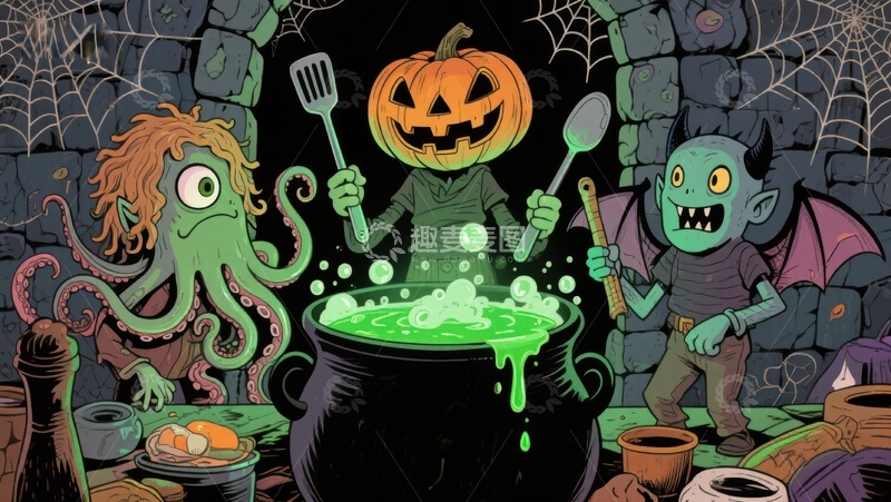 高清大图下载【趣麦麦图】万圣节怪物共煮魔法汤