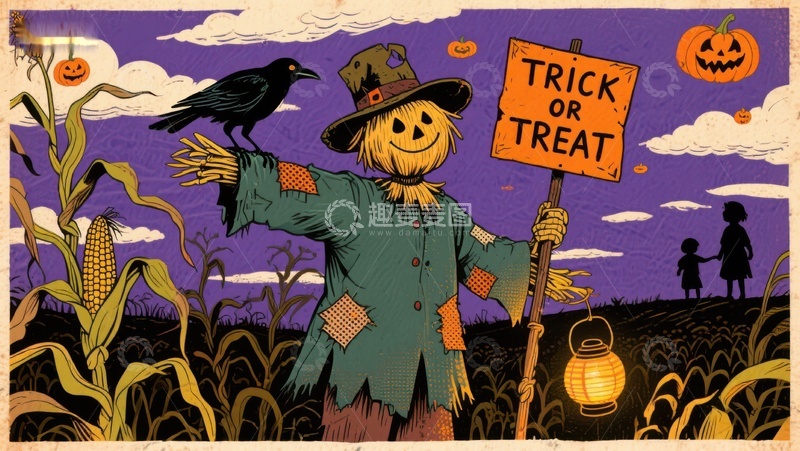 高清大图下载【趣麦麦图】稻草人手持&ldquo;不给糖就捣蛋&rdquo;标语