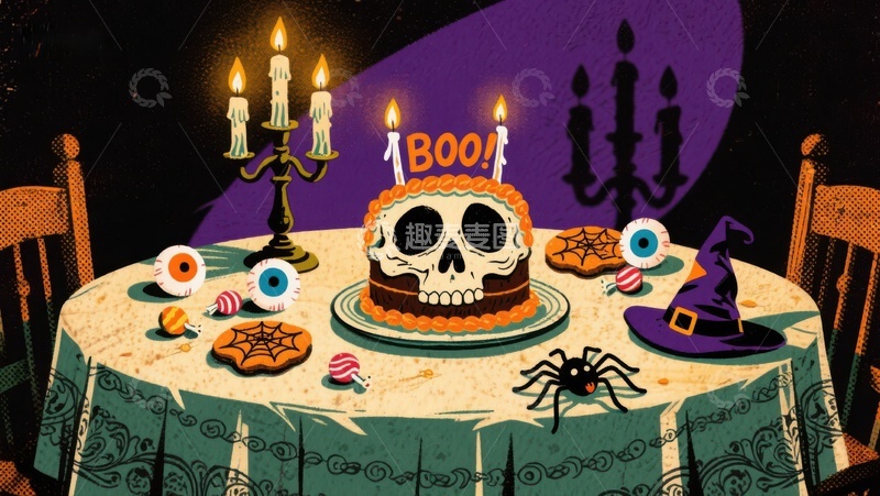高清大图下载【趣麦麦图】万圣节骷髅蛋糕派对场景