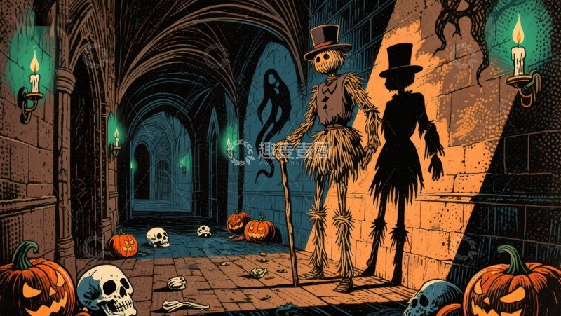 高清大图下载【趣麦麦图】万圣节古堡中的骷髅与南瓜