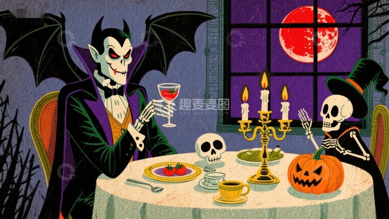高清大图下载【趣麦麦图】吸血鬼与骷髅共进晚餐