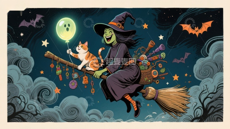 高清大图下载【趣麦麦图】巫师与猫夜空飞行