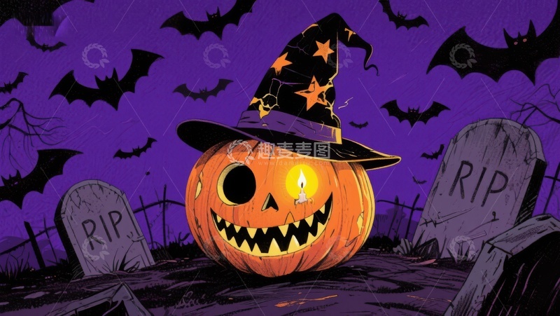 高清大图下载【趣麦麦图】万圣节南瓜灯与墓碑的夜景