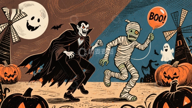 高清大图下载【趣麦麦图】万圣节夜的吸血鬼与木乃伊