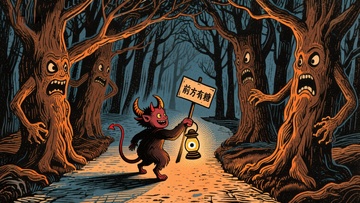 小恶魔提灯夜行，怪树森林警示牌