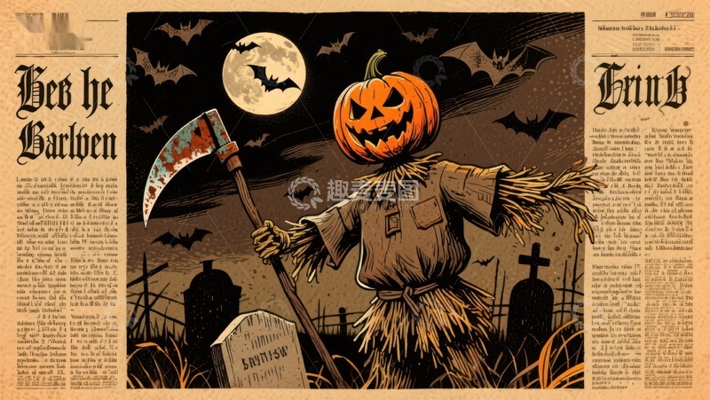 高清大图下载【趣麦麦图】南瓜头稻草人手持镰刀的万圣夜场景
