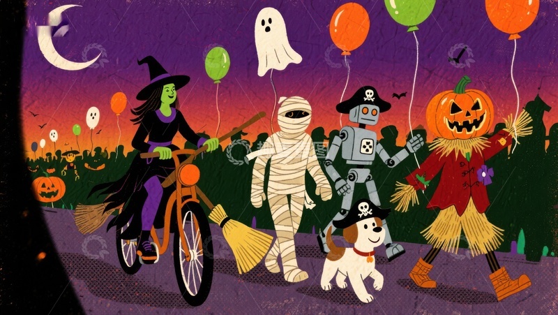 高清大图下载【趣麦麦图】万圣节夜游：装扮角色欢乐骑行