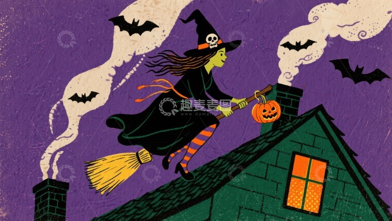高清大图下载【趣麦麦图】女巫骑扫帚飞过屋顶