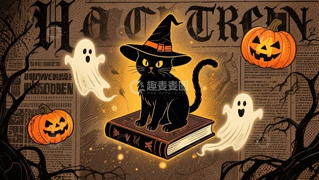 万圣节主题插画：黑猫与幽灵