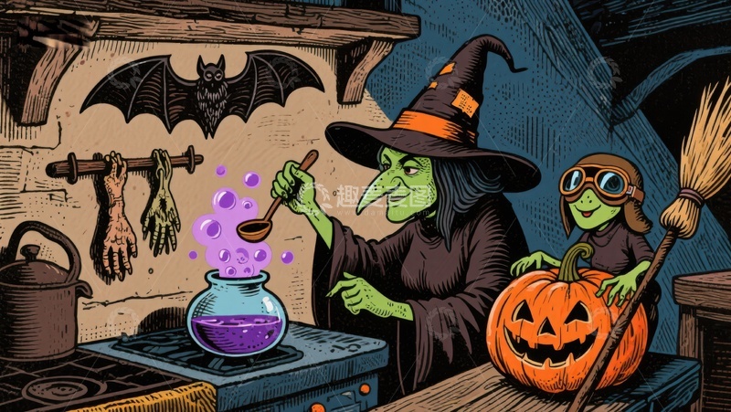 高清大图下载【趣麦麦图】巫婆与小助手的万圣节魔法
