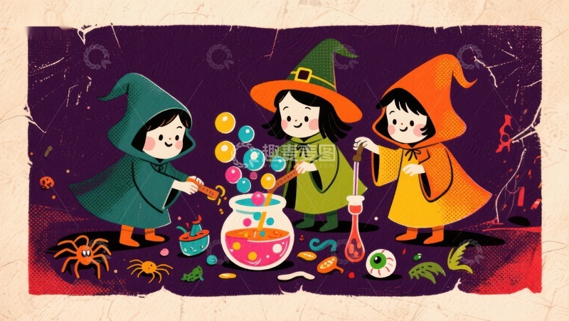 高清大图下载【趣麦麦图】小巫师们正在魔法锅前施法