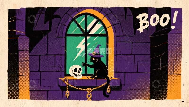 高清大图下载【趣麦麦图】万圣夜猫巫师窗前吓人一幕