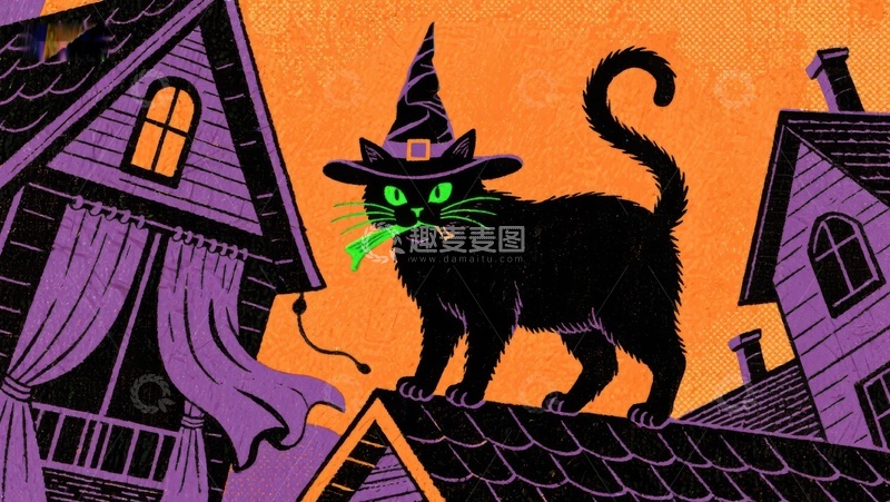 高清大图下载【趣麦麦图】戴巫师帽的黑猫站在屋顶上