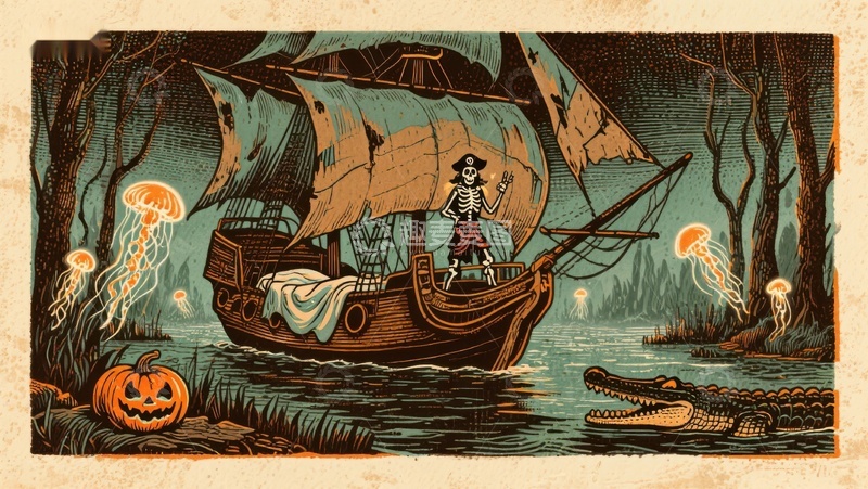 高清大图下载【趣麦麦图】幽灵船长与南瓜灯的神秘夜晚