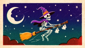 万圣夜骷髅巫师骑扫帚