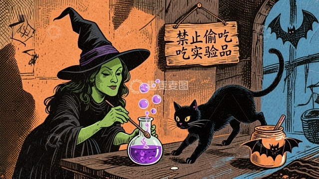 女巫实验魔法，黑猫好奇围观