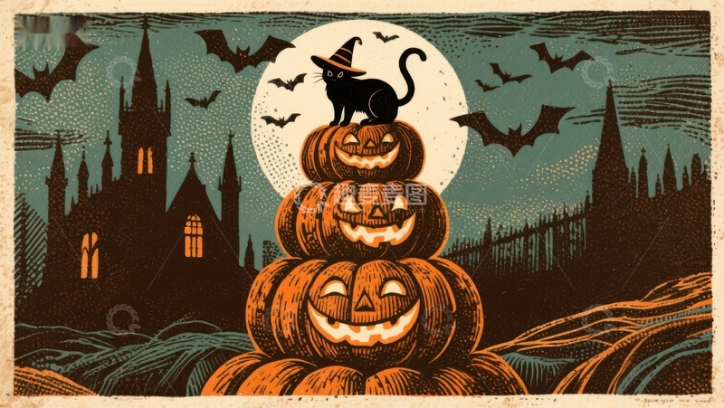 高清大图下载【趣麦麦图】万圣节南瓜堆与黑猫