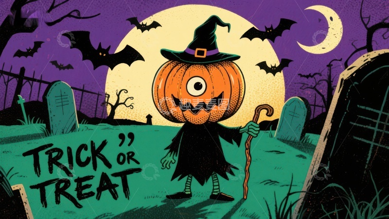 高清大图下载【趣麦麦图】万圣节南瓜巫师在墓地