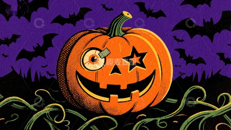 高清大图下载【趣麦麦图】万圣节南瓜灯与蝙蝠背景