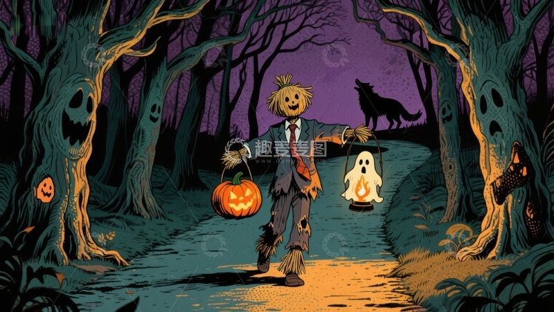 高清大图下载【趣麦麦图】万圣节夜景：稻草人与幽灵的森林漫步