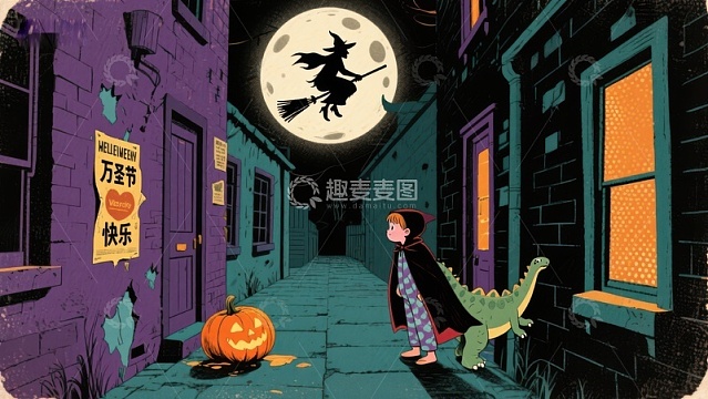 万圣节夜景：小孩与恐龙玩偶在街道上