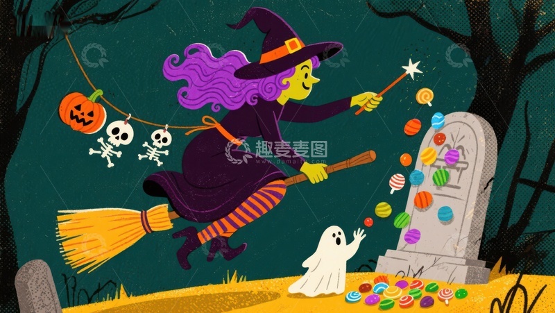 高清大图下载【趣麦麦图】万圣节女巫骑扫帚撒糖果