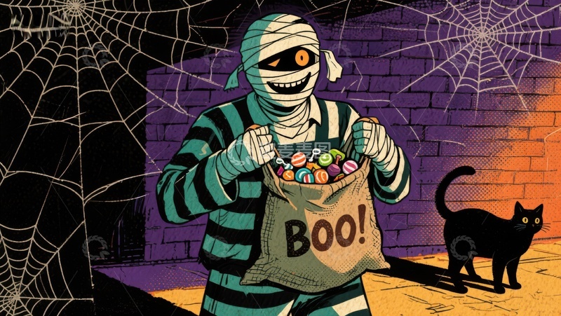 高清大图下载【趣麦麦图】万圣节木乃伊手持糖果袋