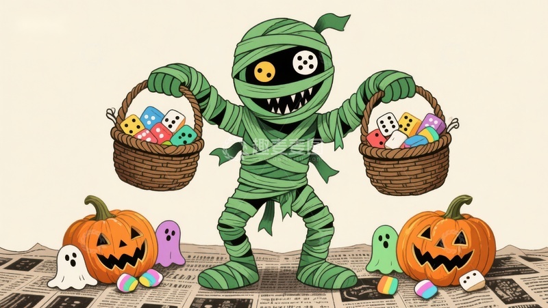 高清大图下载【趣麦麦图】万圣节木乃伊手提糖果篮