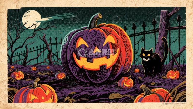 高清大图下载【趣麦麦图】万圣节南瓜灯与黑猫的夜景