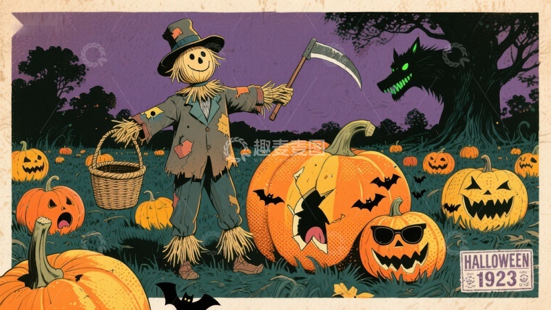 高清大图下载【趣麦麦图】万圣节南瓜与稻草人