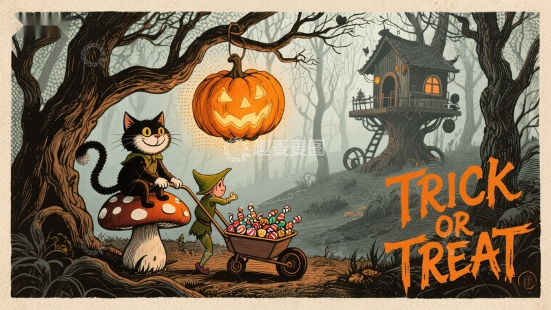 高清大图下载【趣麦麦图】万圣节森林中的捣蛋与糖果