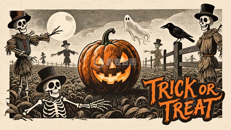 高清大图下载【趣麦麦图】万圣节南瓜与骷髅场景插画
