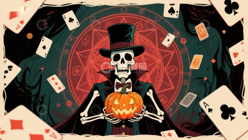 高清大图下载【趣麦麦图】骷髅绅士手持南瓜灯，扑克牌环绕
