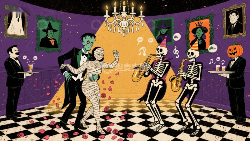 高清大图下载【趣麦麦图】万圣节舞会：骷髅乐队与僵尸情侣