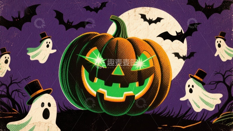 高清大图下载【趣麦麦图】万圣节南瓜灯与幽灵的夜景