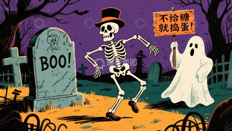 高清大图下载【趣麦麦图】万圣节骷髅与幽灵的趣味场景