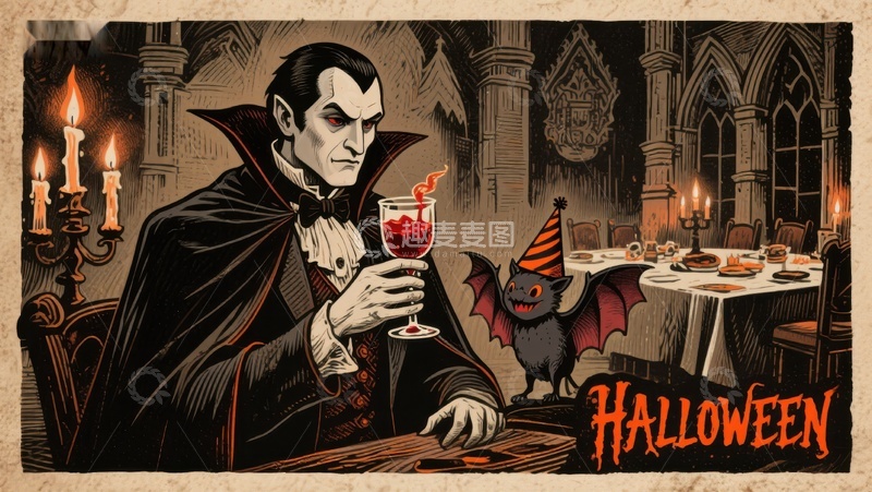 高清大图下载【趣麦麦图】吸血鬼与蝙蝠共庆万圣节