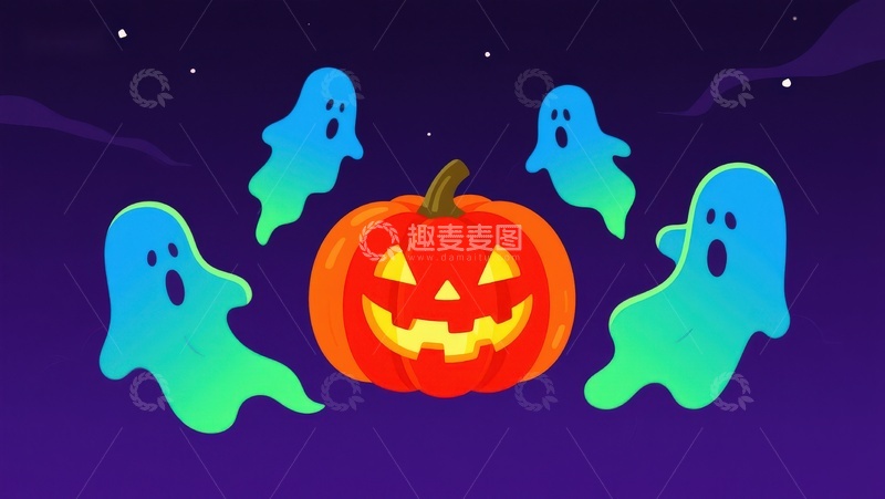 高清大图下载【趣麦麦图】万圣节南瓜与幽灵的夜空场景